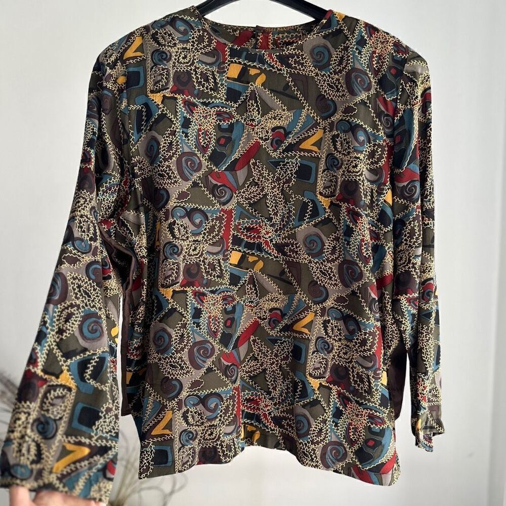 Vintage Nora Noh 100% Silk Shirt Womens Colorful Abstract Art To Wear Large